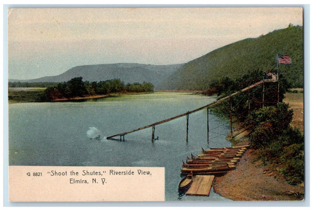 c1905 Shoot The Shutes Riverside View River Lake Boats Elmira New York Postcard