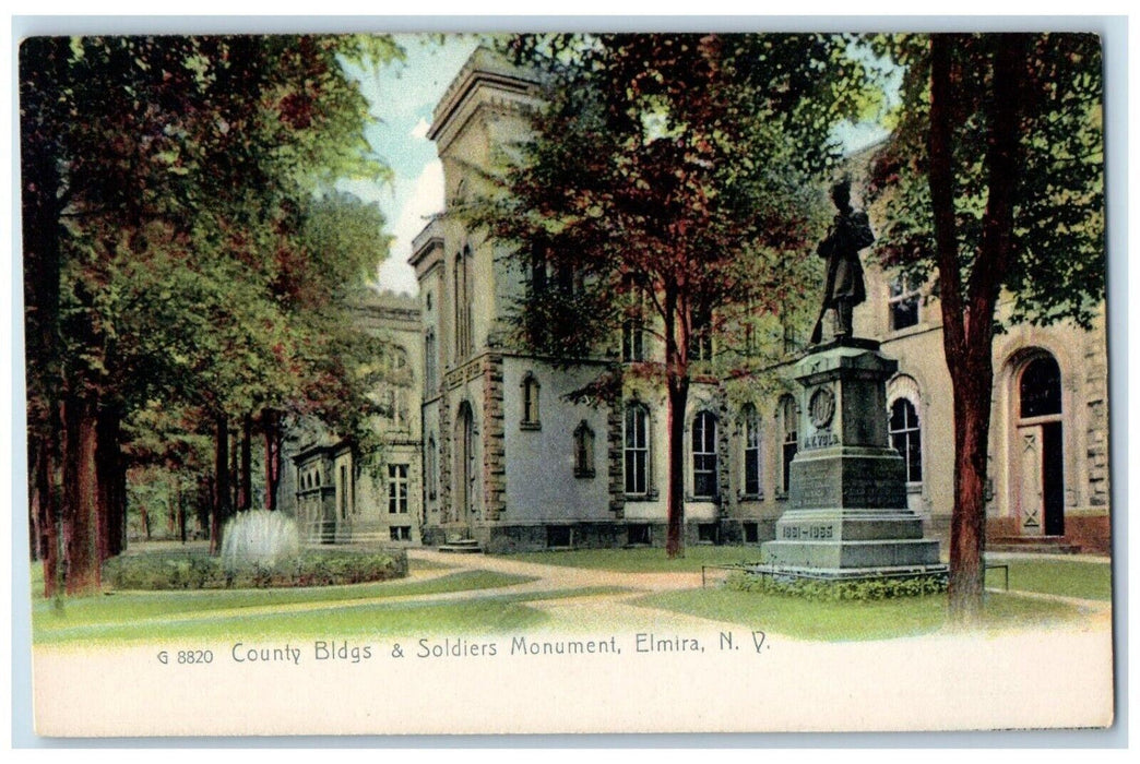 c1905 County Bldgs Soldiers Monument Statue Sculpture Elmira New York Postcard