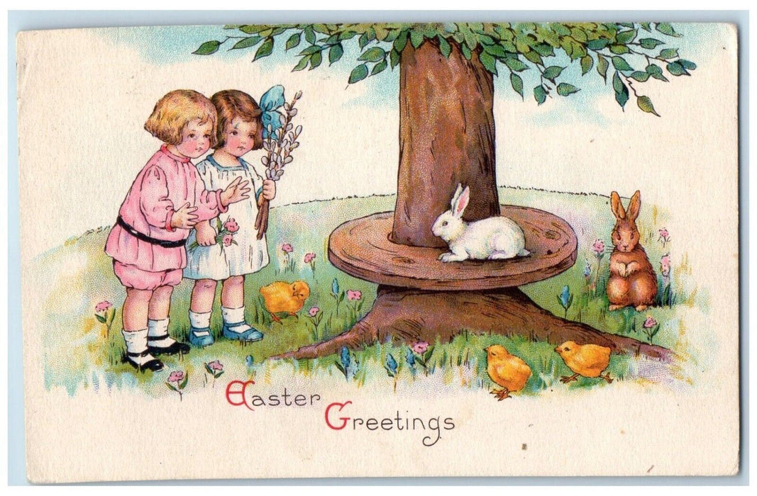 1930 Easter Greetings Children Caching Bunny Rabbit Chicks Vintage Postcard