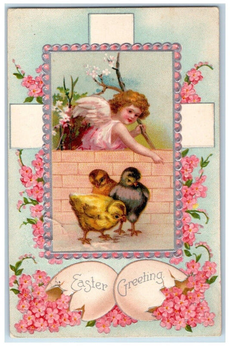 1909 Easter Greetings Eggs Angel Chicks Pansies Flowers Embossed Posted Postcard