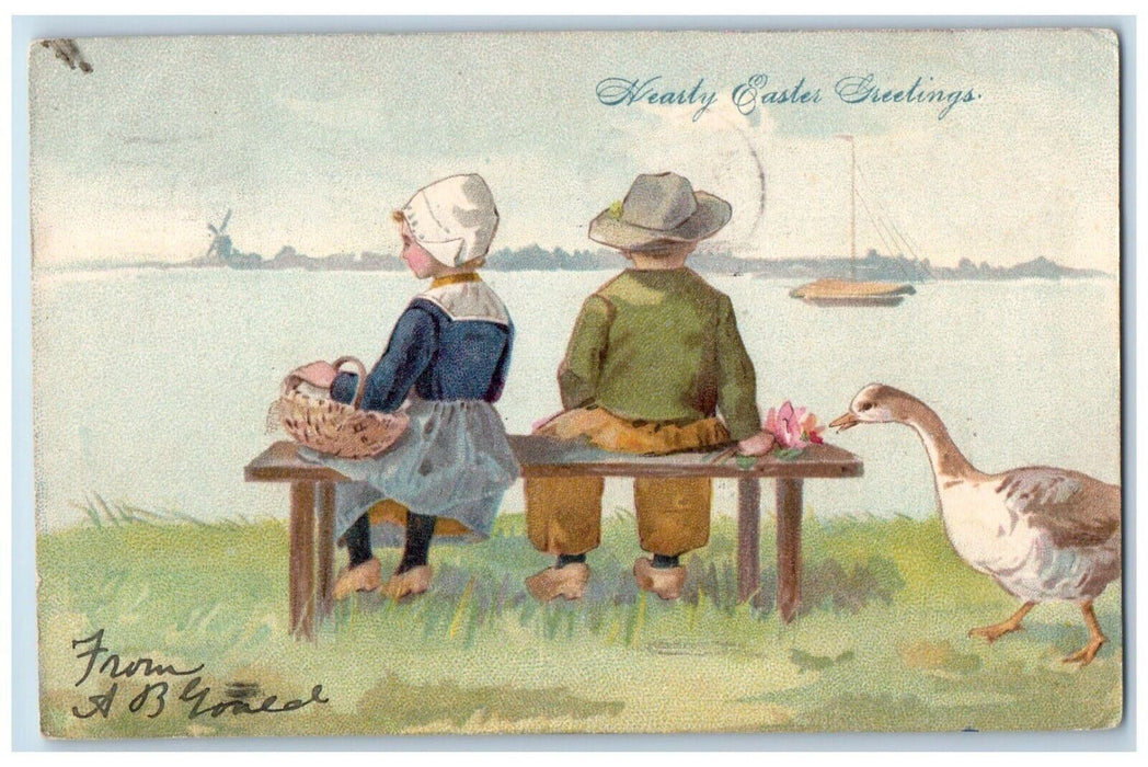 1906 Easter Greetings Dutch Boy Girl Fighting Flowers Duck Nash Antique Postcard