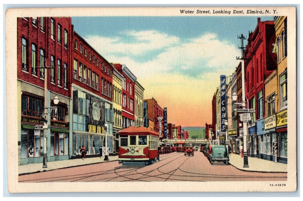 c1940 Water Street Looking East Streetcar Trolley Store Elmira New York Postcard