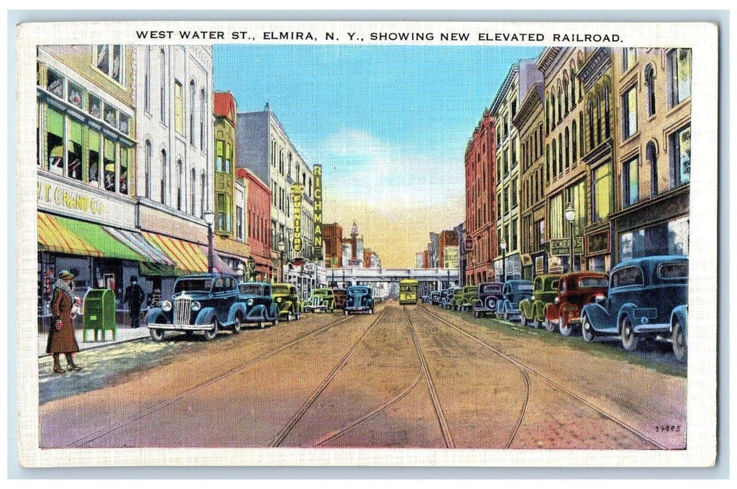 c1940 West Water St. Elmira New York Showing New Elevated Railroad Postcard