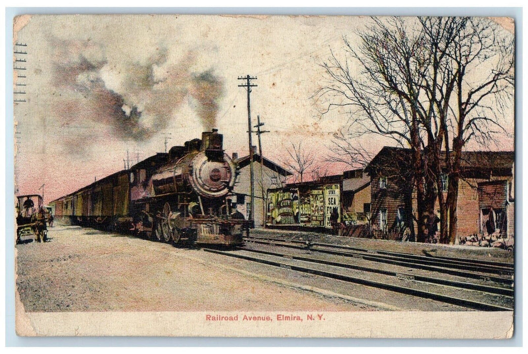 1914 Railroad Avenue Train Locomotive Horse Carriage Elmira New York NY Postcard