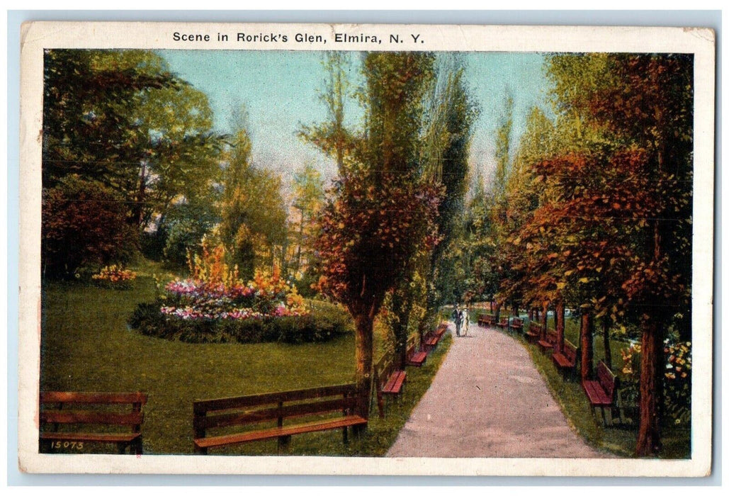 1920 Scene Roricks Glen Flower Garden Benches Pathway Elmira New York Postcard