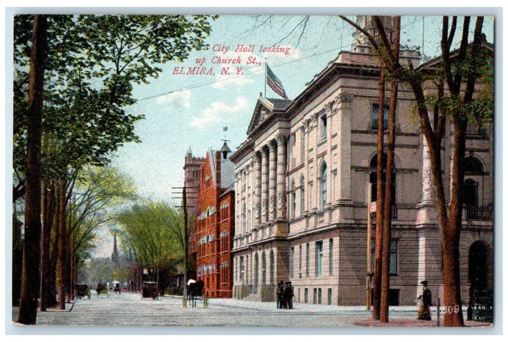 c1910 City Hall Looking Up Church St. Exterior Street  Elmira New York Postcard