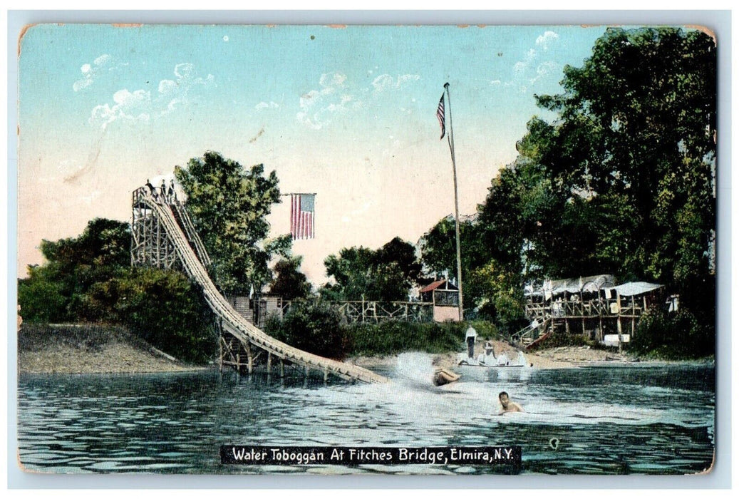 c1910 Water Toboggan At Fitches Bridge Slide Swimming Elmira New York Postcard