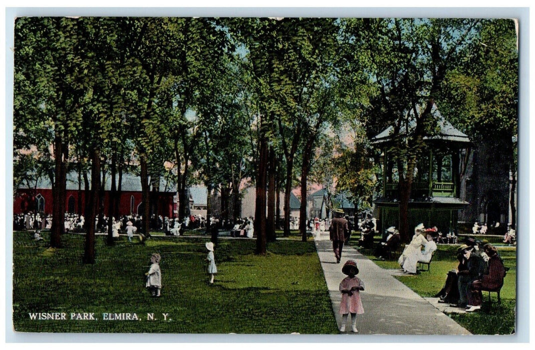 c1914 Wisner Park Children Playing Scene Gazebo Benches Elmira New York Postcard