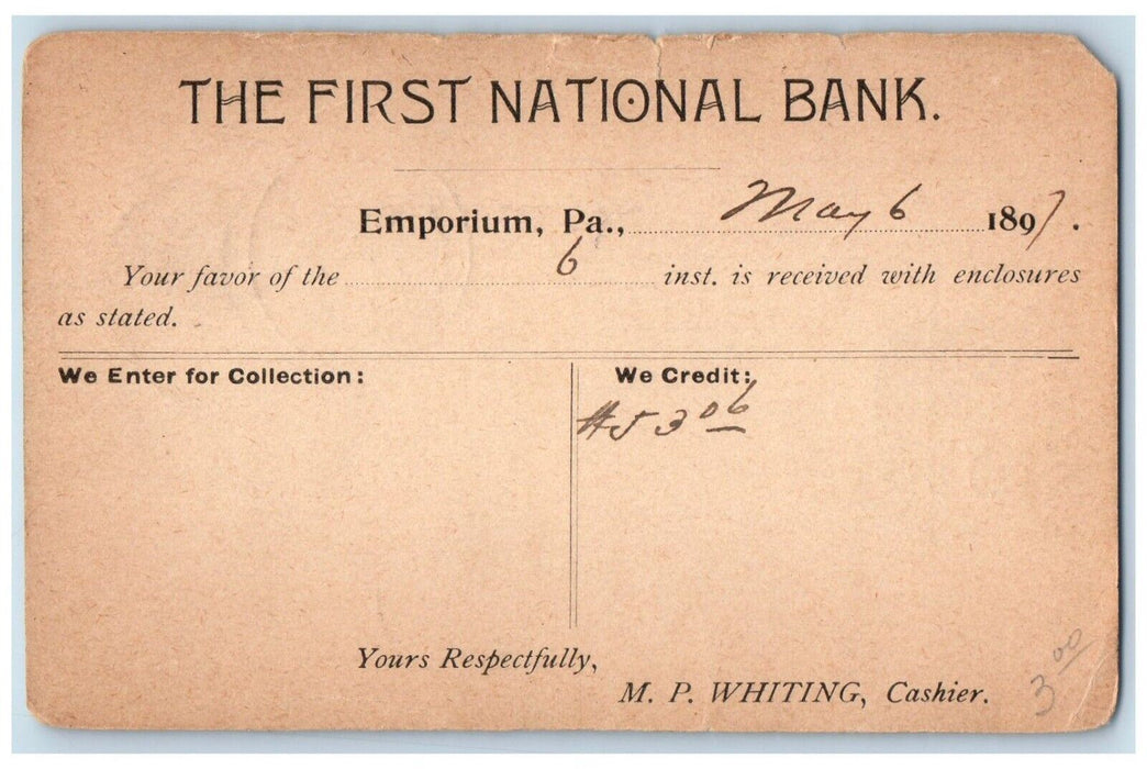 1897 The First National Bank Collection Emporium Pennsylvania PA Posted Postcard