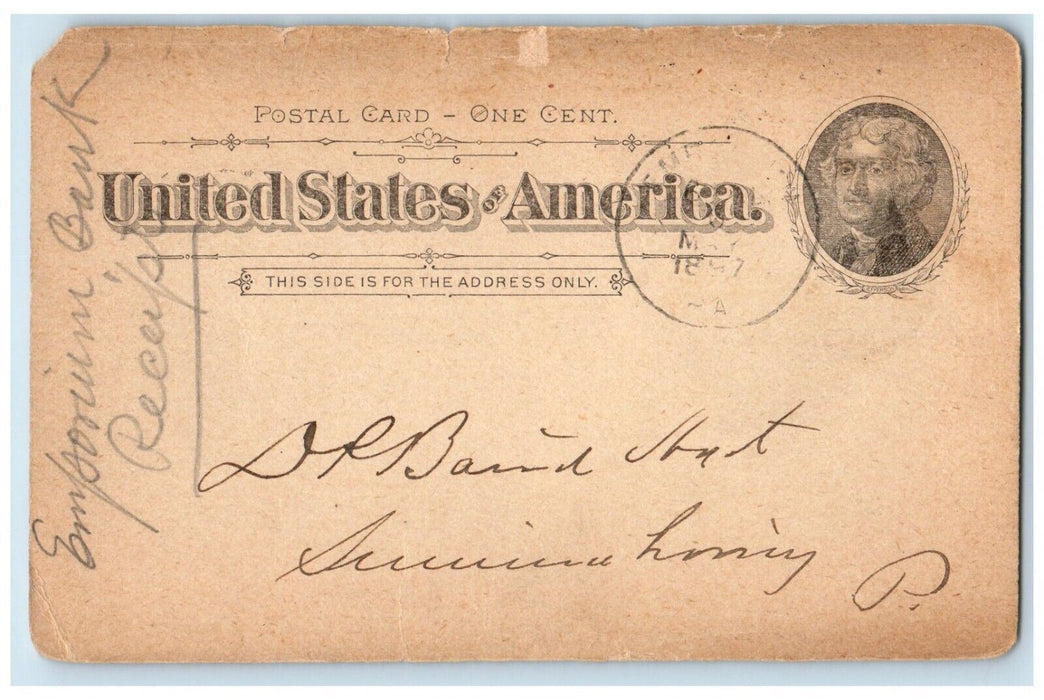 1897 The First National Bank Collection Emporium Pennsylvania PA Posted Postcard