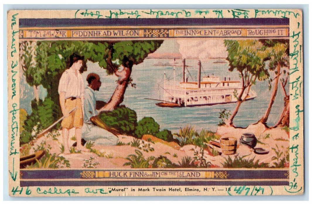 1947 Mural Mark Twain Hotel Tom Sawyer Huck Finn Pudd Elmira New York Postcard