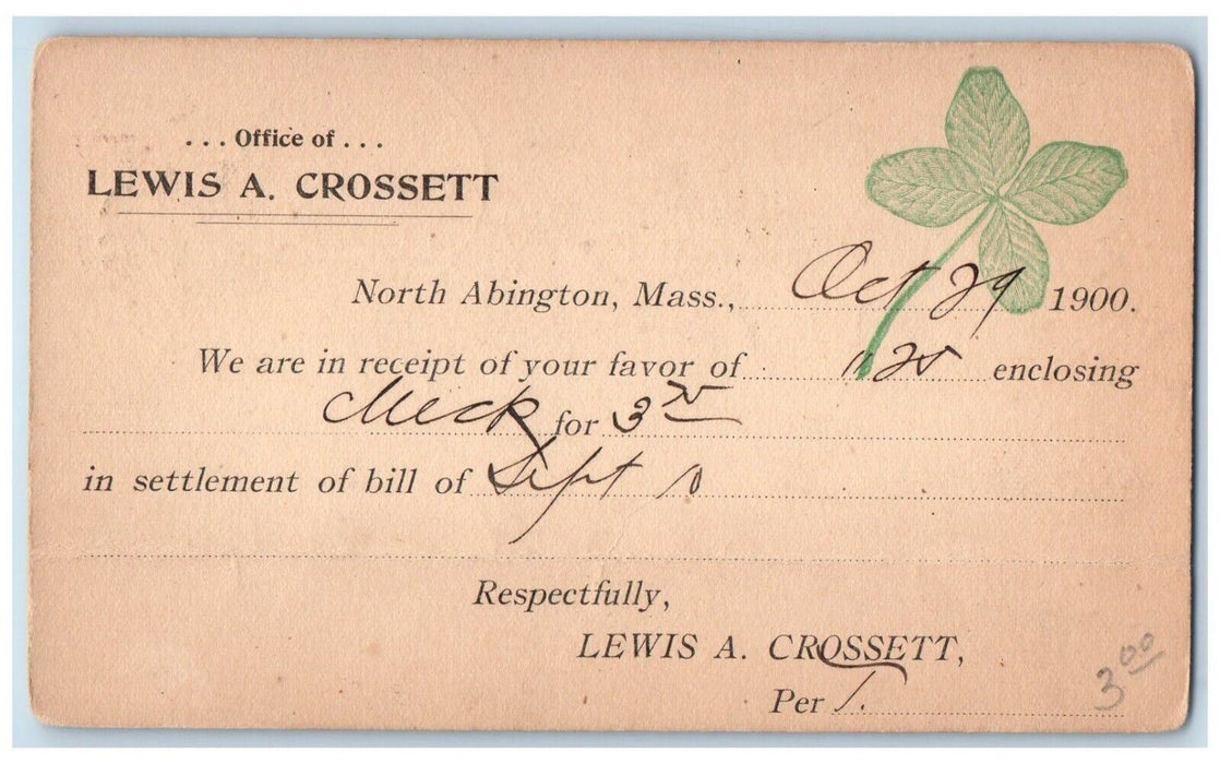1900 Lewis Crossett Office Receipt North Abington Massachusetts MA Postcard
