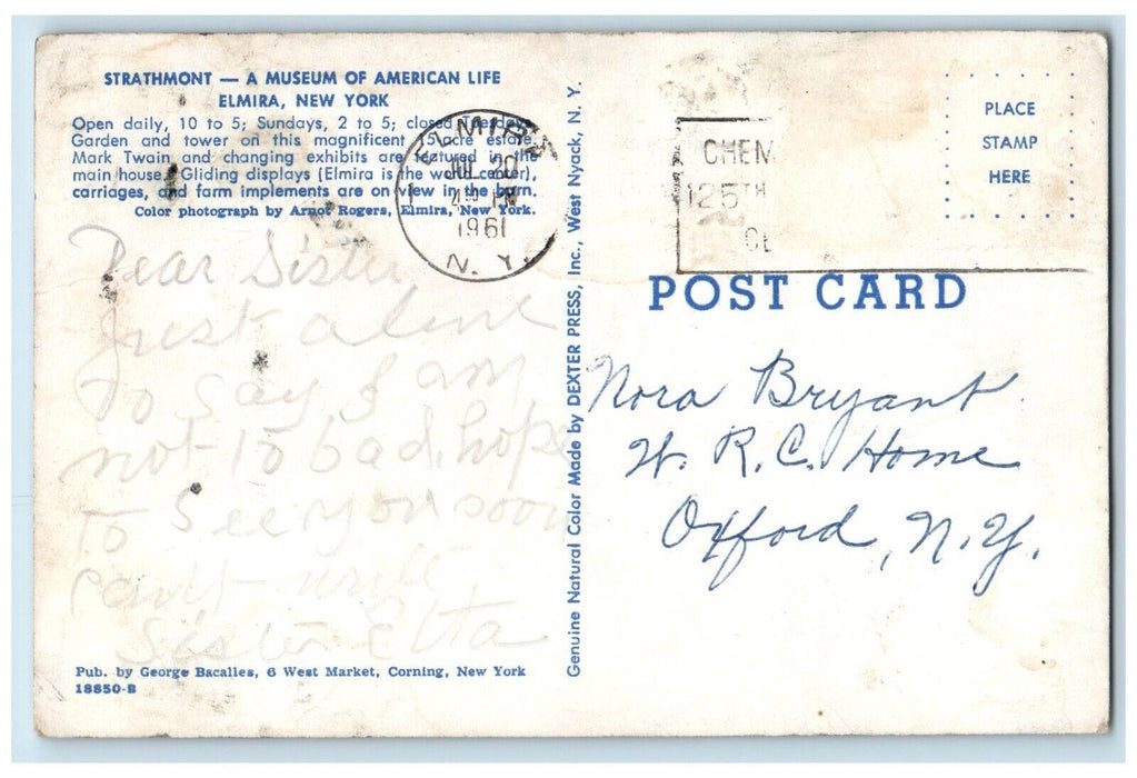 1961 Strathmont Museum American Life Mark Twain Garden Elmira New York Postcard