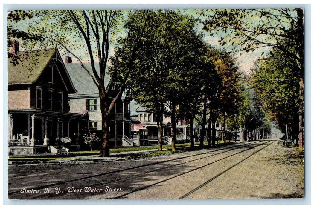 c1910 West Water Street Exterior Railway Trolley Road Elmira New York Postcard