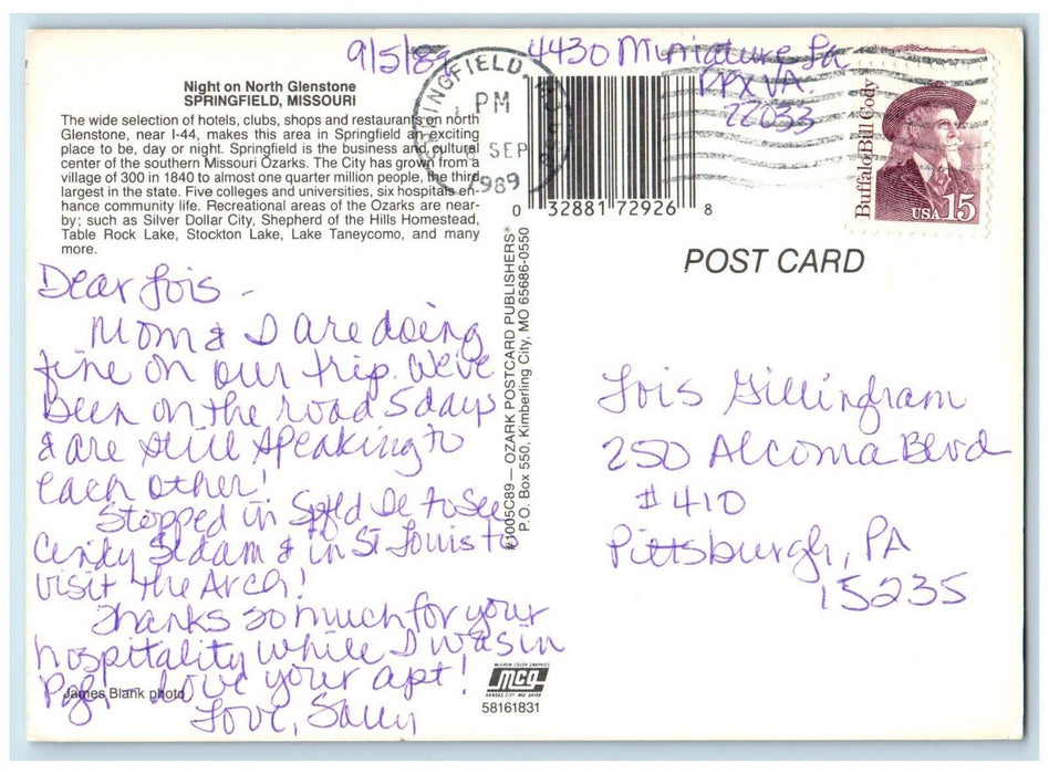 1989 Night North Glenstone Hotels Clubs Shops City Springfield Missouri Postcard