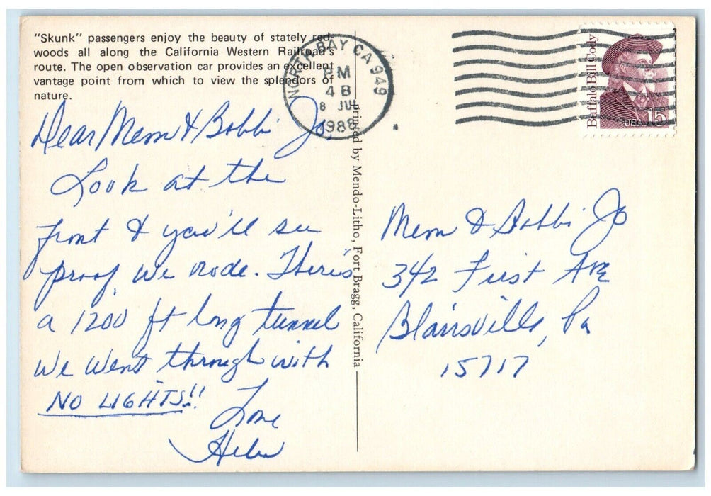 1988 Skunk Passengers Stately Red Woods California Western Railroad CA Postcard
