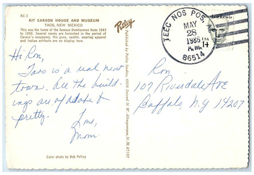1986 Kit Carson House Museum Frontierman Apparel Taos New Mexico Petley Postcard
