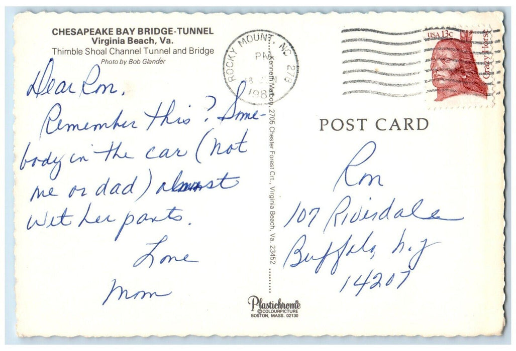 1988 Chesapeake Bay Bridge Tunnel Thimble Shoal Ship Virginia Beach VA Postcard