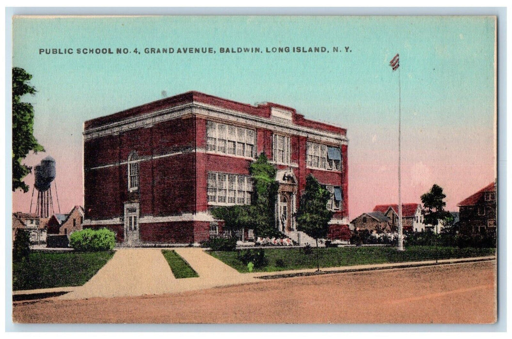 Public School No. 4 Grand Avenue Water Tower Baldwin Long Island NY Postcard