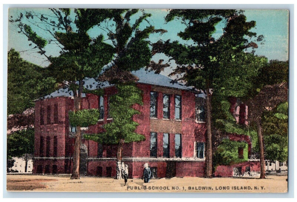 Public School No. 1 Building Street View Baldwin Long Island NY Vintage Postcard