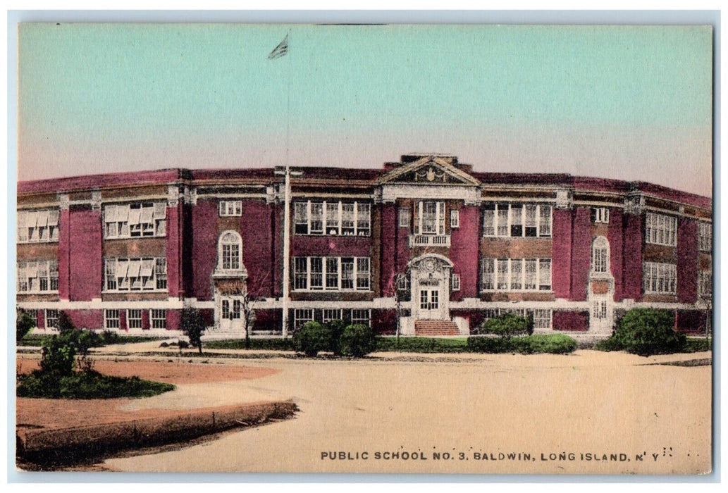 c1930's Public School No. 3 Building Baldwin Long Island NY Vintage Postcard