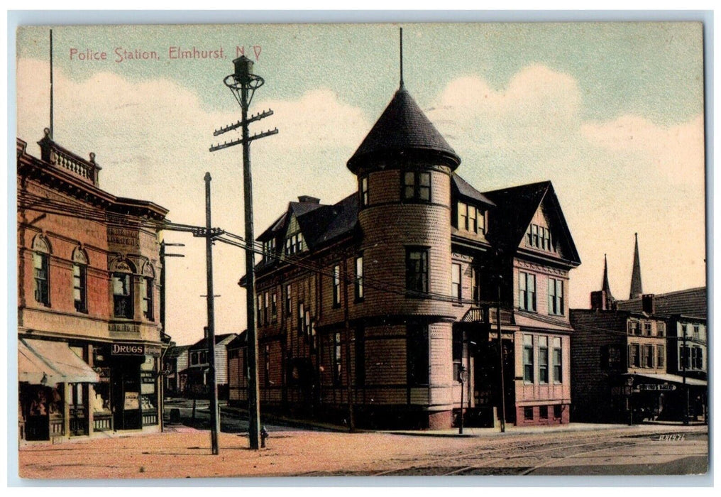 1907 Police Station Building Scene Street Elmhurst New York NY Antique Postcard