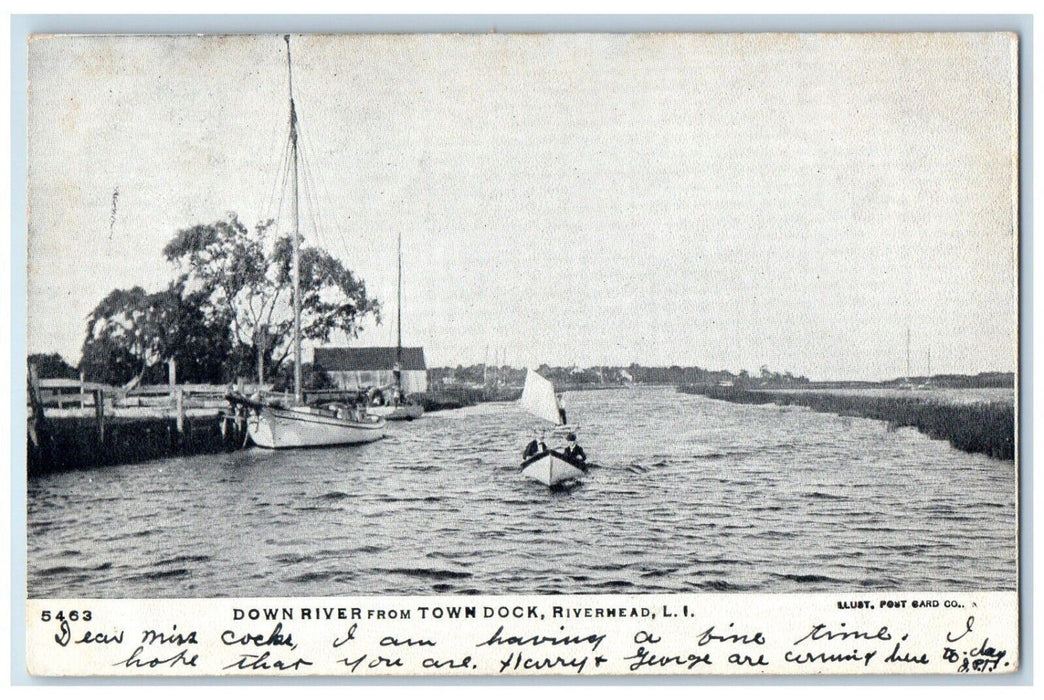 1907 Downriver From Town Dock Boat Riverhead Long Island New York NY Postcard