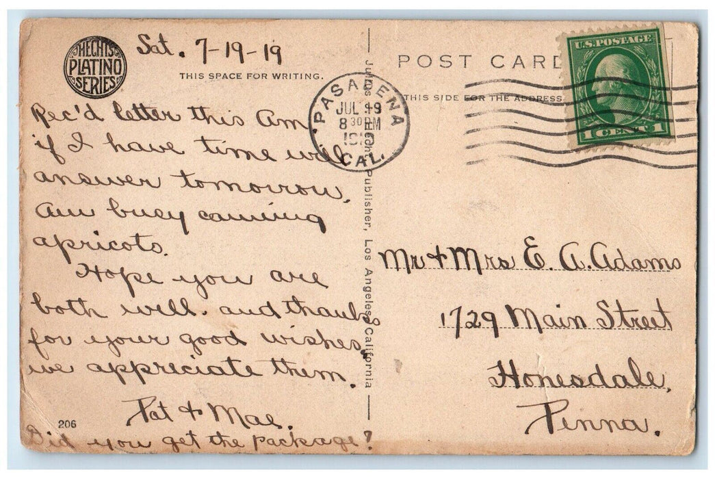 1919 Hotel Huntington Building Pasadena California CA Posted Antique Postcard