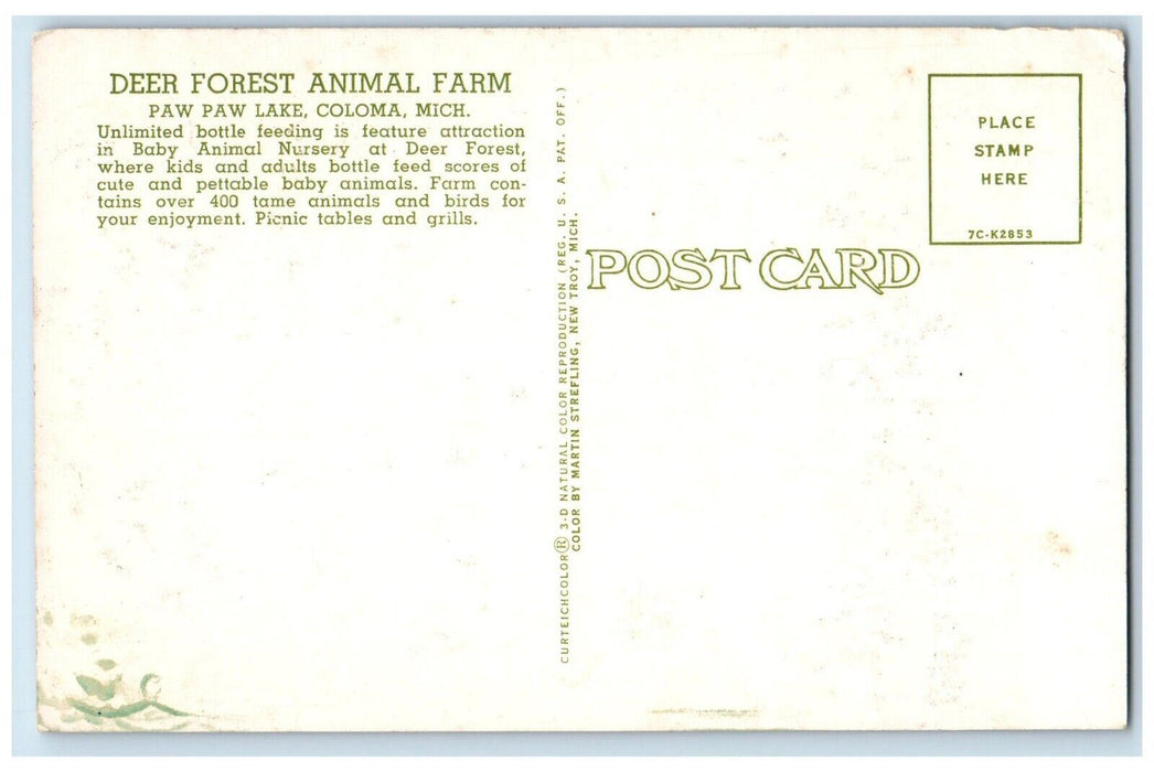 Deer Forest Animal Farm Paw Paw Lake Children Bottle Feeding Coloma MI Postcard