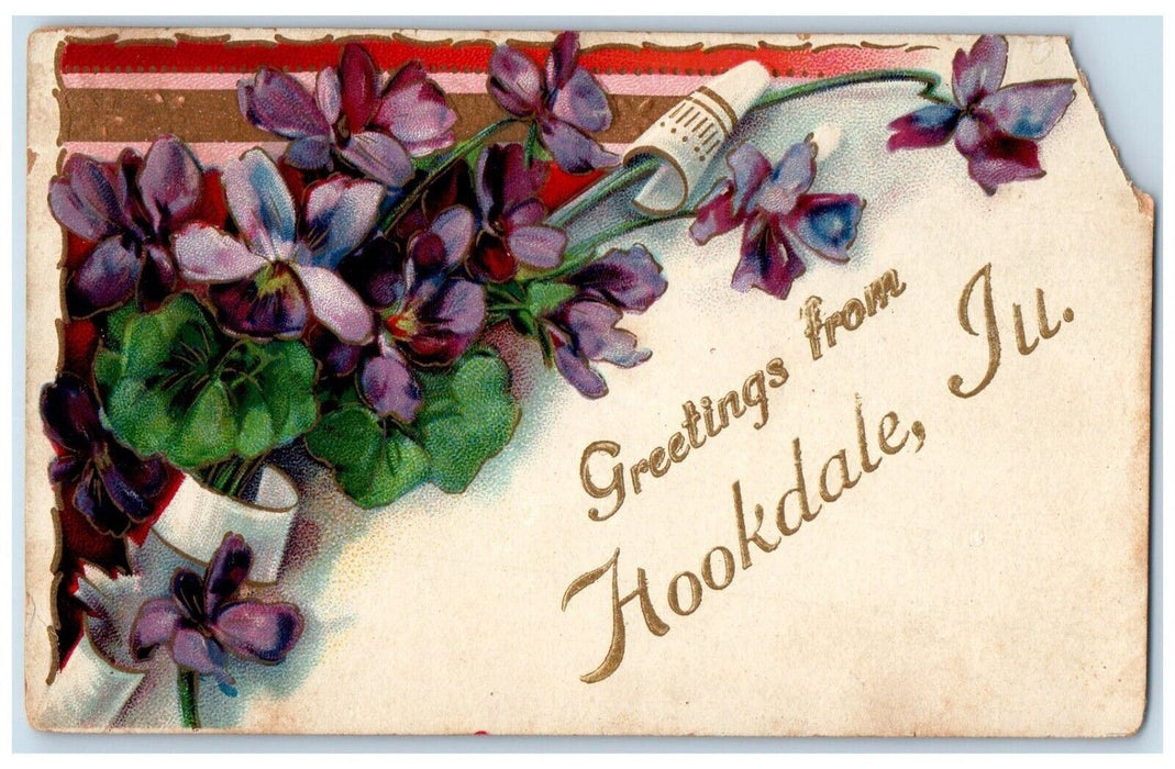 1909 Greetings From Hookdale Illinois IL, Pansies Flowers Embossed Postcard