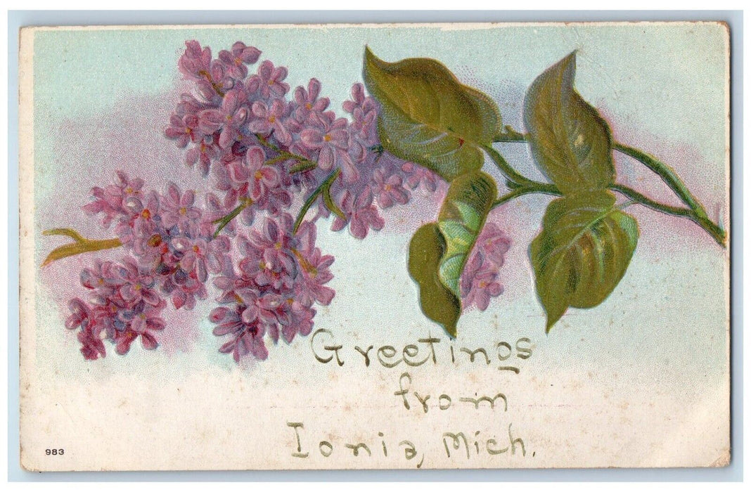 Greetings From Ionia Michigan MI, Pansies Flowers Embossed Antique Postcard