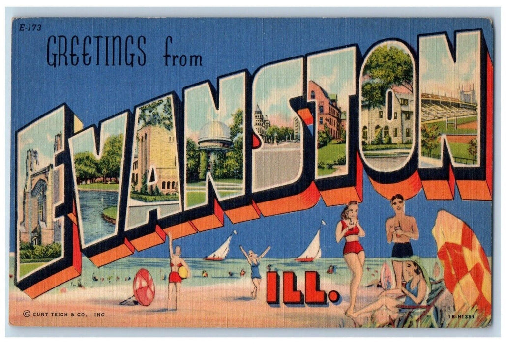 1942 Greetings From Evanston Illinois IL, Large Letters Topeka KS Postcard