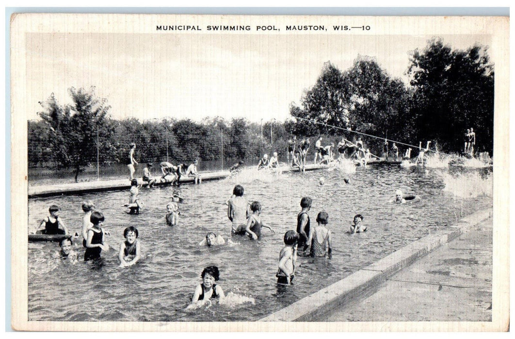 c1950's Bathing Scene Municipal Swimming Pool Mauston Wisconsin WI Postcard