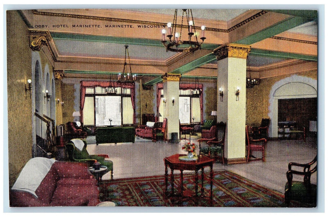 c1950's Lobby Hotel Marinette Marinette Wisconsin WI Vintage Postcard