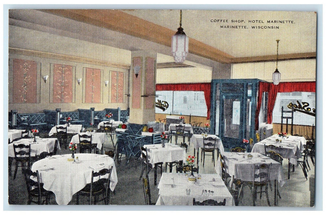 c1950's Lobby Coffee Shop Hotel Marinette Marinette Wisconsin WI Postcard