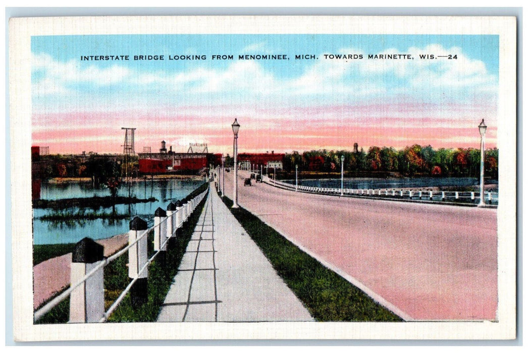 c1930's Interstate Bridge Looking from Mich. Towards Marinette WI Postcard