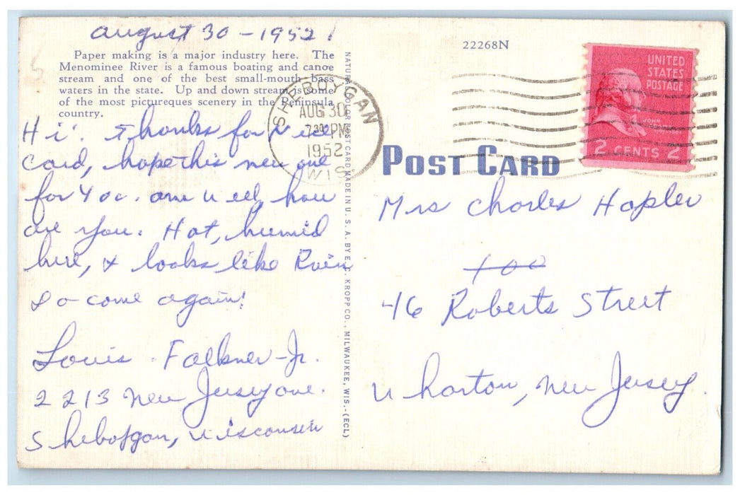 1952 Marinette Paper Company On Menominee River Sheboygan WI Postcard