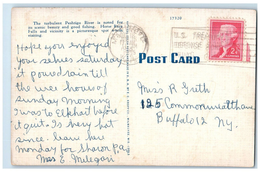 1955 Horse Race Falls and Rapids on Peshtigo River Marinette WI Postcard