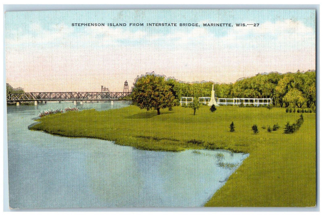 c1950's Stephenson Island From Interstate Bridge Marinette Wisconsin WI Postcard