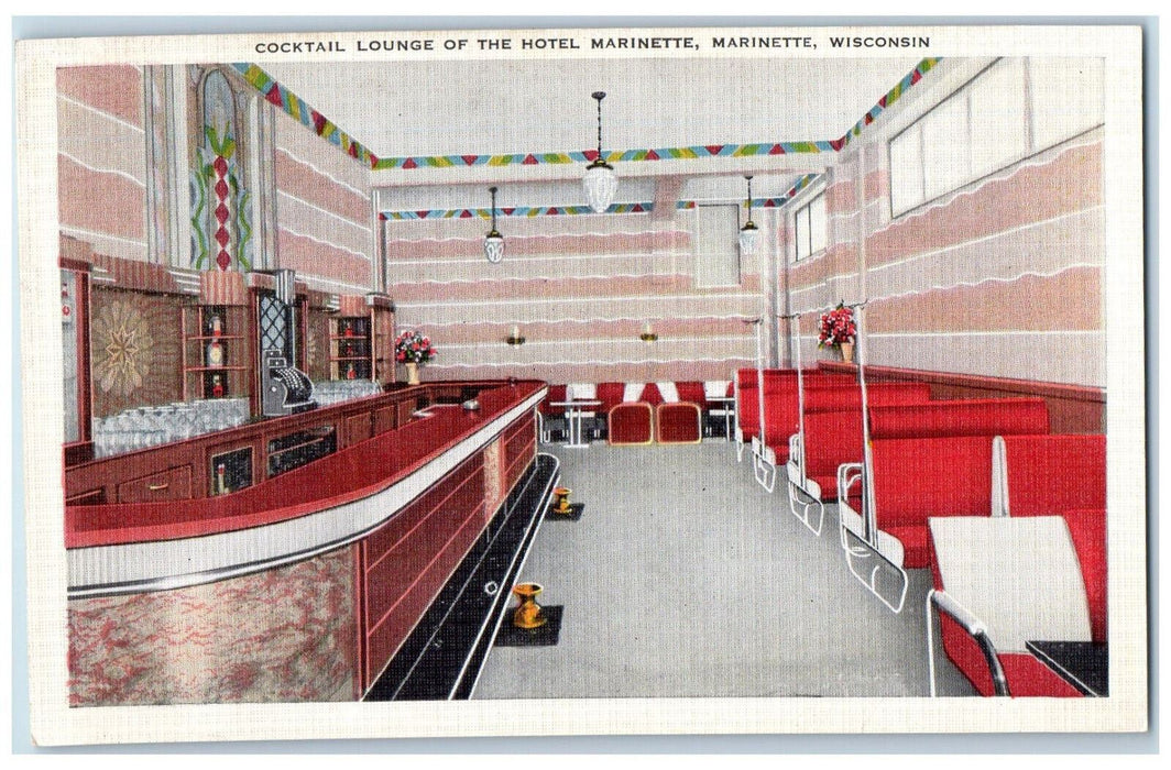 c1940's Cocktail Lounge of the Hotel Marinette Marinette Wisconsin WI Postcard