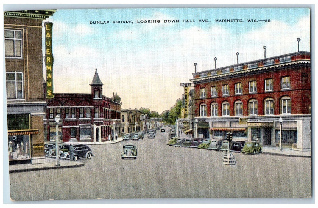 c1950's Dulap Suqare Looking Down Hall Avenue Marinette Wisconsin WI Postcard