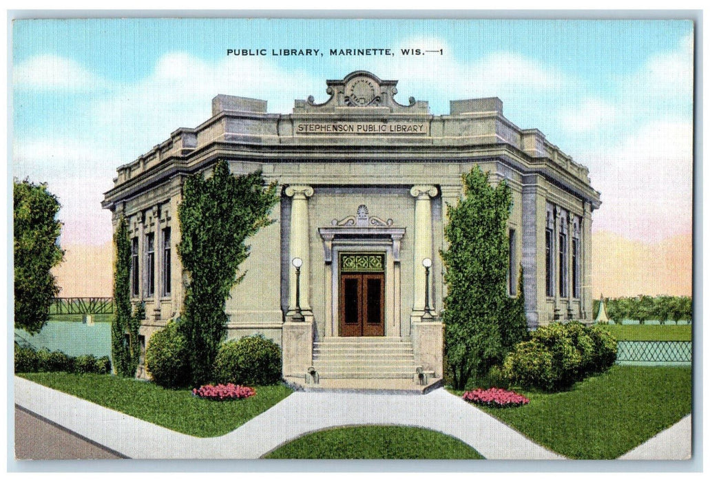 c1950's Public Library Marinette Wisconsin WI Antique Unposted Postcard