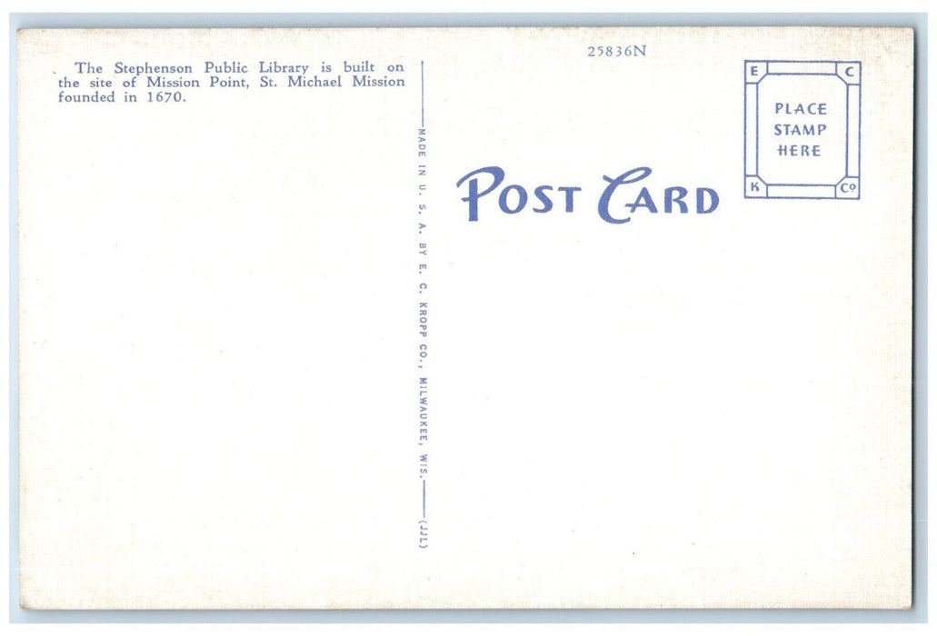 c1950's Public Library Marinette Wisconsin WI Antique Unposted Postcard