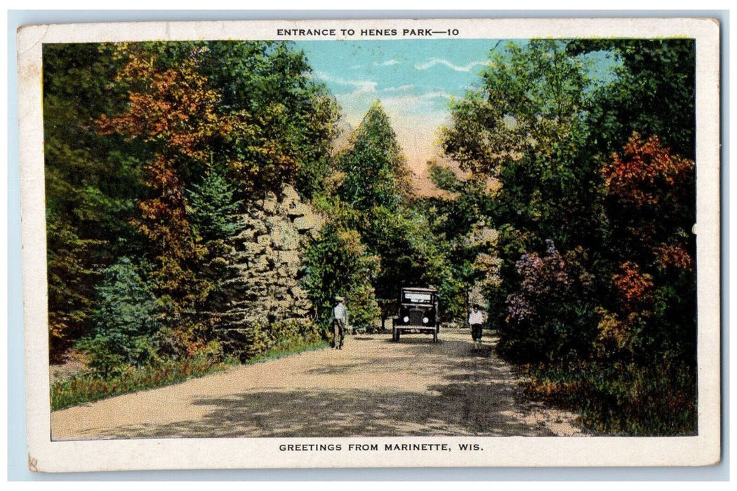 1933 Entrance to Henes Park Greetings from Marinette Wisconsin WI Postcard