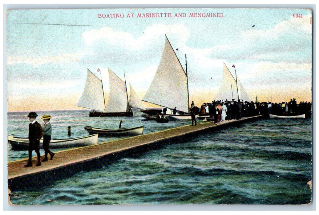 1910 Boating at Marinette and Menominee Wisconsin WI Antique Postcard