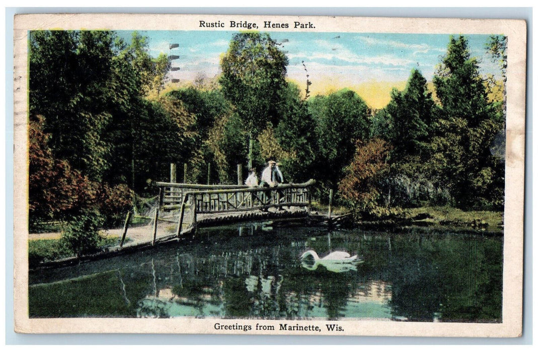 1928 Rustic Bridge Henes Park Greetings from Marinette Wisconsin WI Postcard