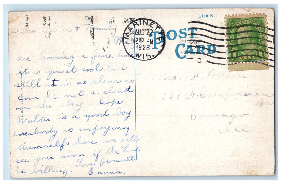 1928 Rustic Bridge Henes Park Greetings from Marinette Wisconsin WI Postcard