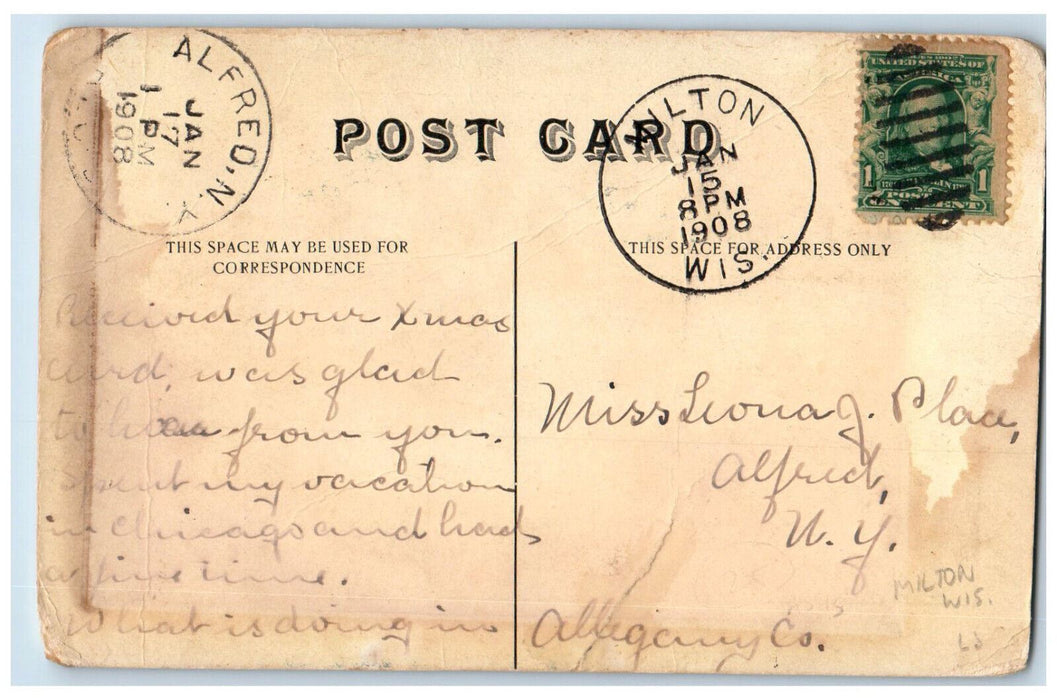 1908 Whitford Memorial Hall Milton WI Alfred NY Antique Posted Postcard