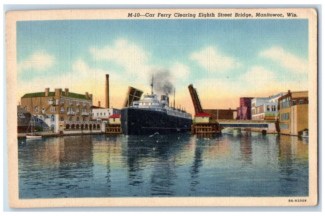 1943 Car Ferry Clearing Eighth Street Bridge Manitowoc Wisconsin WI Postcard