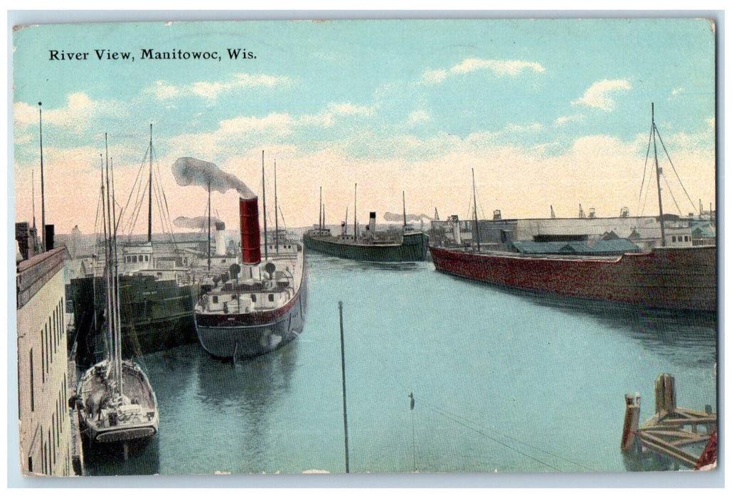1913 Steamship Boats River View Manitowoc Wisconsin WI Antique Postcard